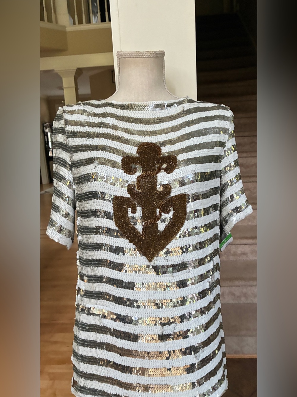 Neiman Marcus Vintage White & Silver Sequin Striped Nautical Top